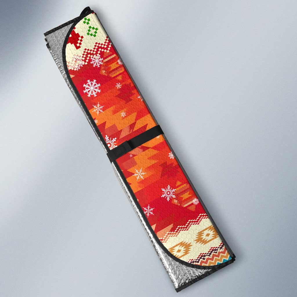Native American Christmas Auto Sun Shade with Red & Orange Geometric Pattern Santa Claus and Teepee Motif - Wonder Print Shop