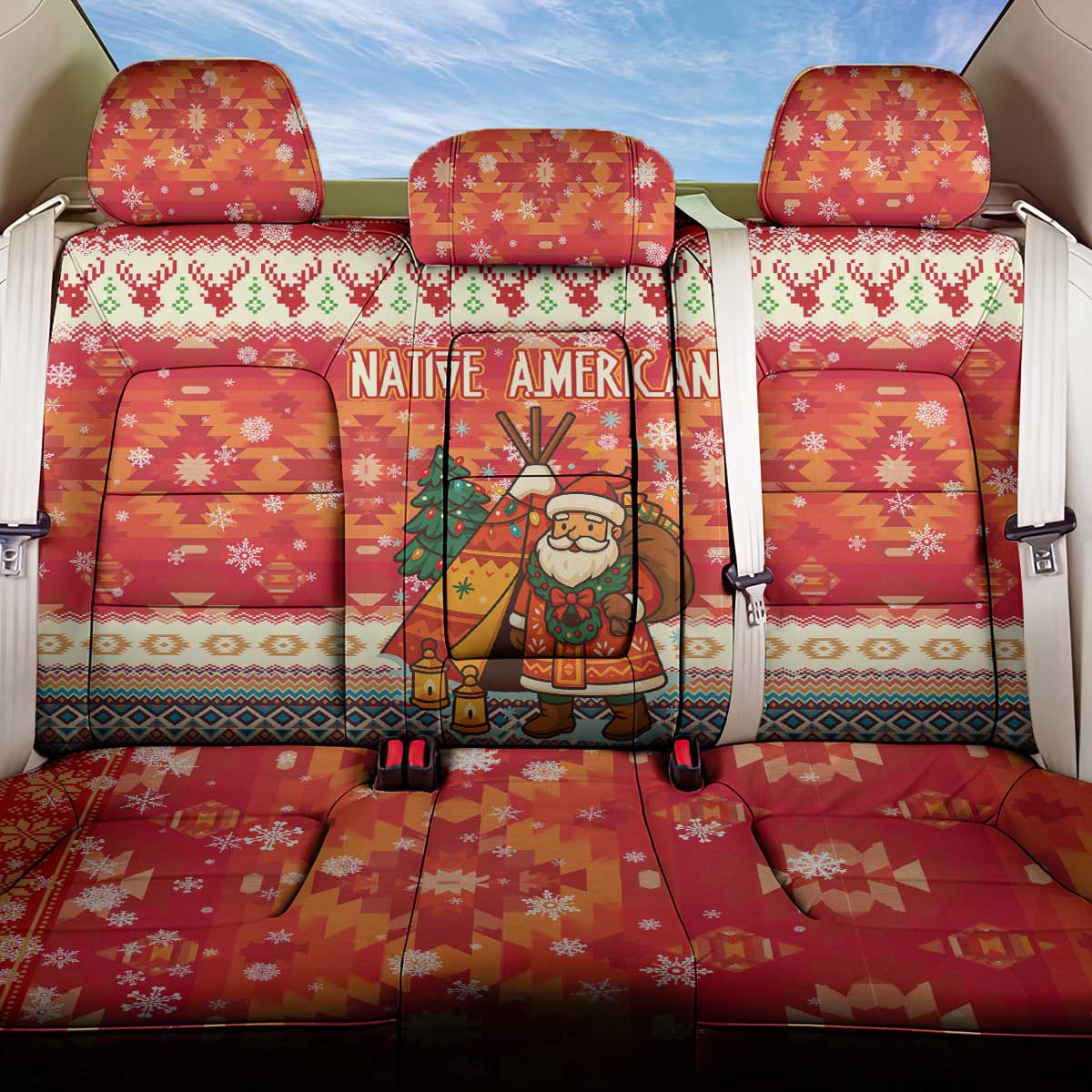 Native American Christmas Back Car Seat Cover with Red & Orange Geometric Pattern Santa Claus and Teepee Motif - Wonder Print Shop