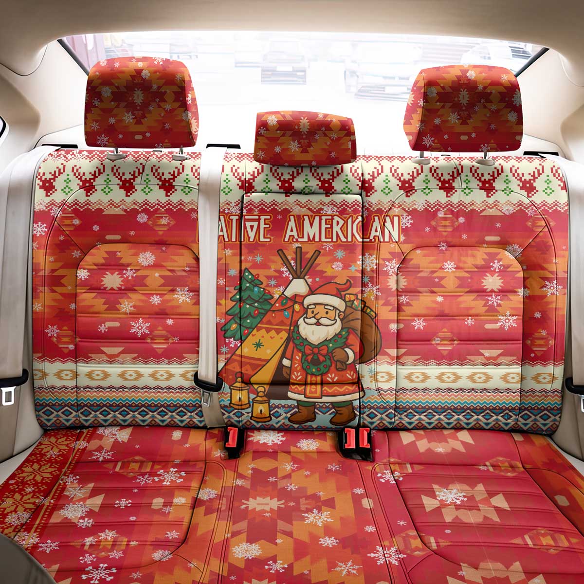 Native American Christmas Back Car Seat Cover with Red & Orange Geometric Pattern Santa Claus and Teepee Motif - Wonder Print Shop
