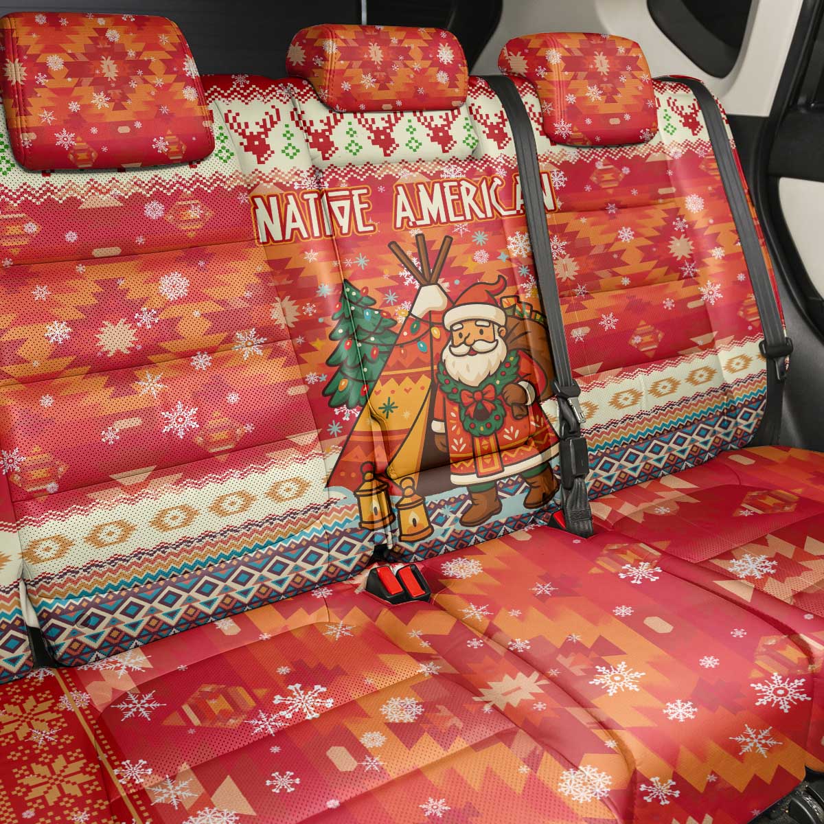 Native American Christmas Back Car Seat Cover with Red & Orange Geometric Pattern Santa Claus and Teepee Motif - Wonder Print Shop