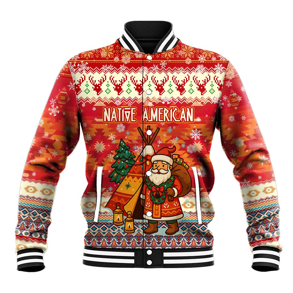 Native American Christmas Baseball Jacket with Red & Orange Geometric Pattern Santa Claus and Teepee Motif - Wonder Print Shop