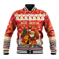 Native American Christmas Baseball Jacket with Red & Orange Geometric Pattern Santa Claus and Teepee Motif - Wonder Print Shop