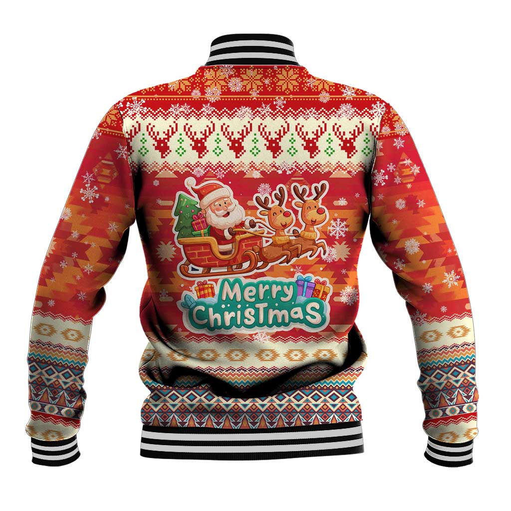 Native American Christmas Baseball Jacket with Red & Orange Geometric Pattern Santa Claus and Teepee Motif - Wonder Print Shop