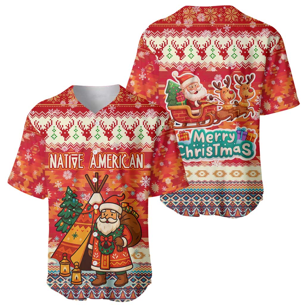 Native American Christmas Baseball Jersey with Red & Orange Geometric Pattern Santa Claus and Teepee Motif - Wonder Print Shop
