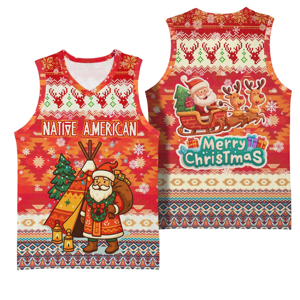 Native American Christmas Basketball Jersey with Red & Orange Geometric Pattern Santa Claus and Teepee Motif - Wonder Print Shop