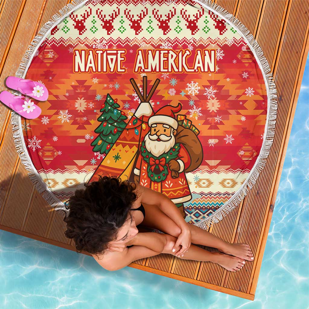 Native American Christmas Beach Blanket with Red & Orange Geometric Pattern Santa Claus and Teepee Motif - Wonder Print Shop