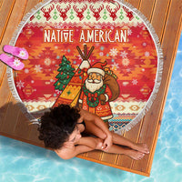 Native American Christmas Beach Blanket with Red & Orange Geometric Pattern Santa Claus and Teepee Motif - Wonder Print Shop