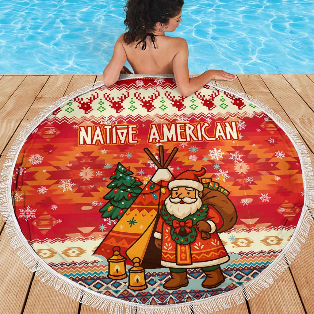Native American Christmas Beach Blanket with Red & Orange Geometric Pattern Santa Claus and Teepee Motif - Wonder Print Shop