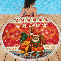 Native American Christmas Beach Blanket with Red & Orange Geometric Pattern Santa Claus and Teepee Motif - Wonder Print Shop