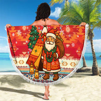 Native American Christmas Beach Blanket with Red & Orange Geometric Pattern Santa Claus and Teepee Motif - Wonder Print Shop