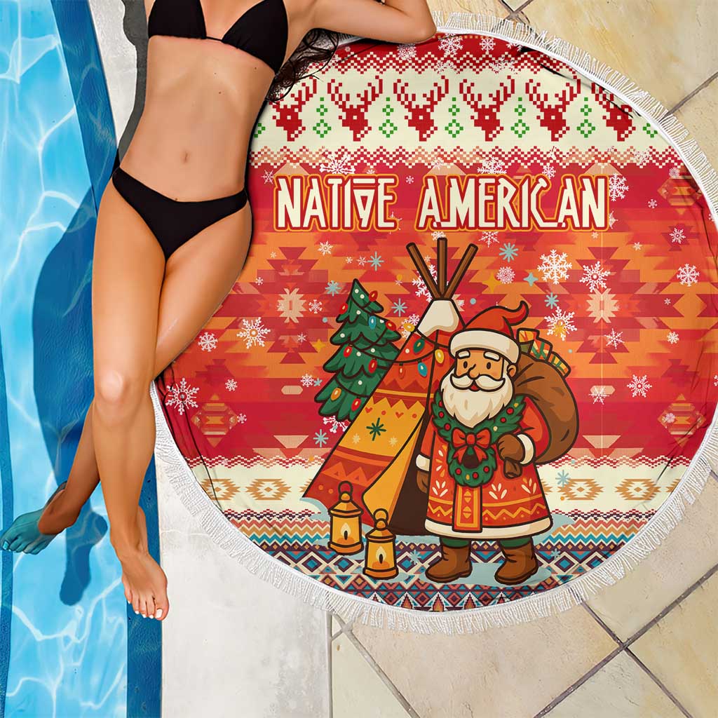 Native American Christmas Beach Blanket with Red & Orange Geometric Pattern Santa Claus and Teepee Motif - Wonder Print Shop