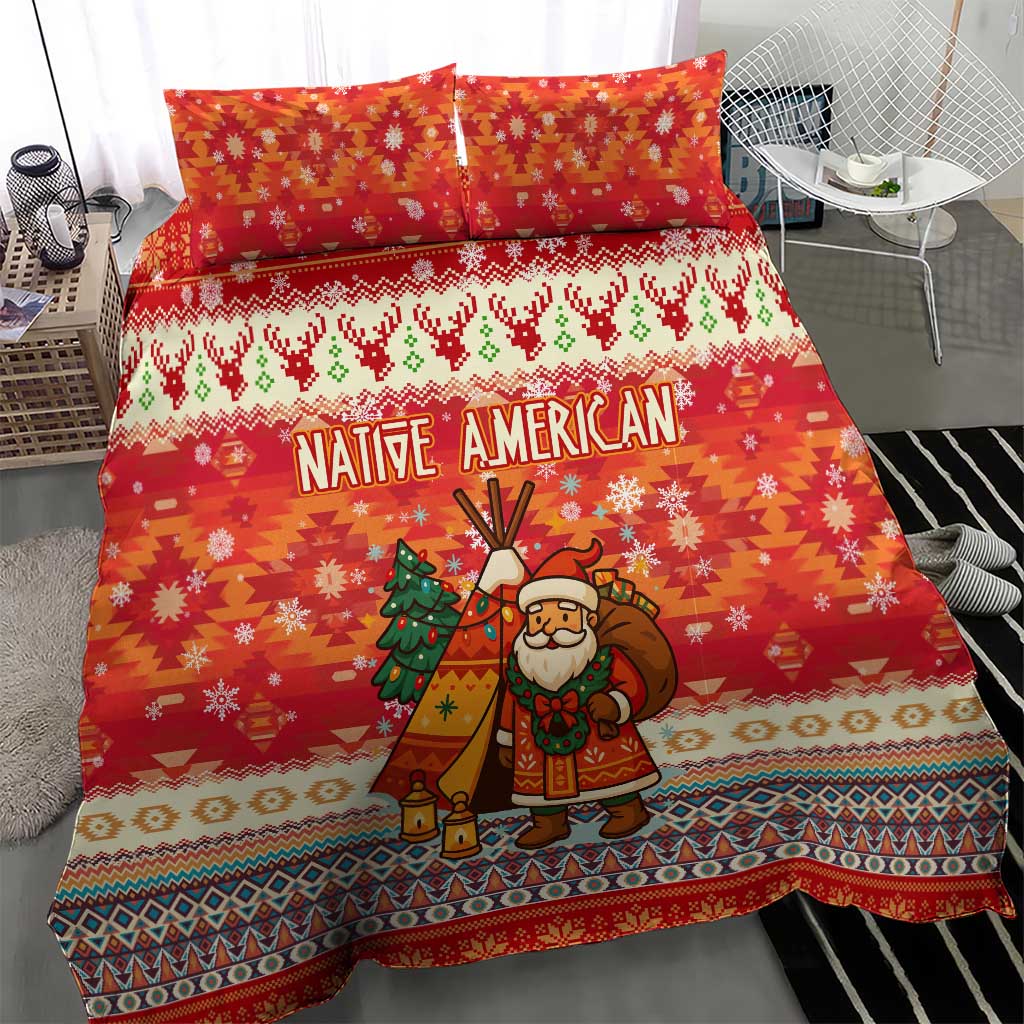Native American Christmas Bedding Set with Red & Orange Geometric Pattern Santa Claus and Teepee Motif - Wonder Print Shop