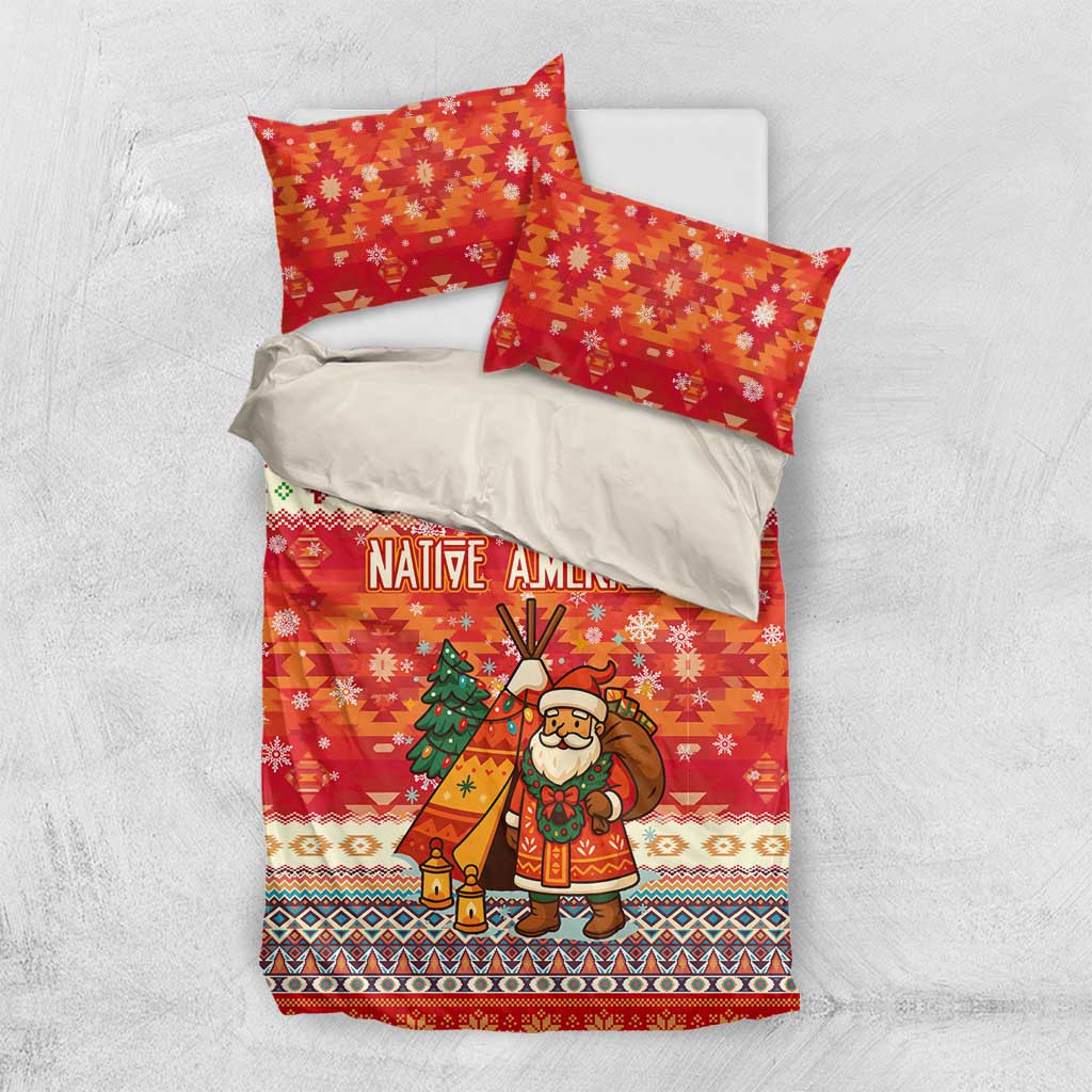 Native American Christmas Bedding Set with Red & Orange Geometric Pattern Santa Claus and Teepee Motif - Wonder Print Shop