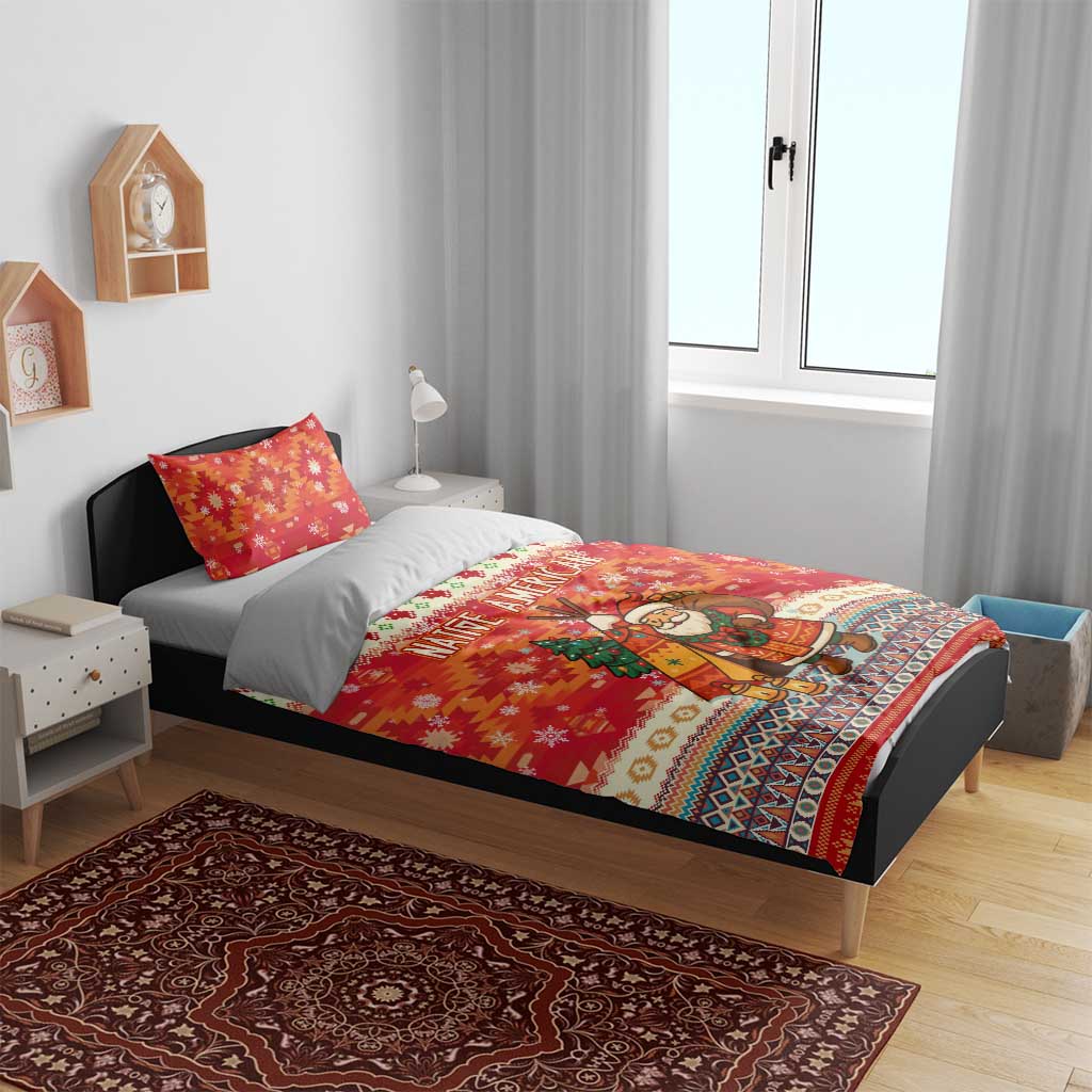 Native American Christmas Bedding Set with Red & Orange Geometric Pattern Santa Claus and Teepee Motif - Wonder Print Shop