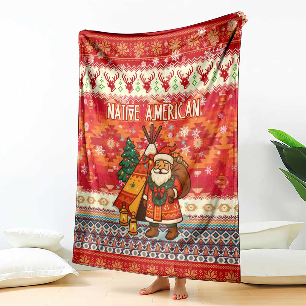 Native American Christmas Blanket with Red & Orange Geometric Pattern Santa Claus and Teepee Motif - Wonder Print Shop
