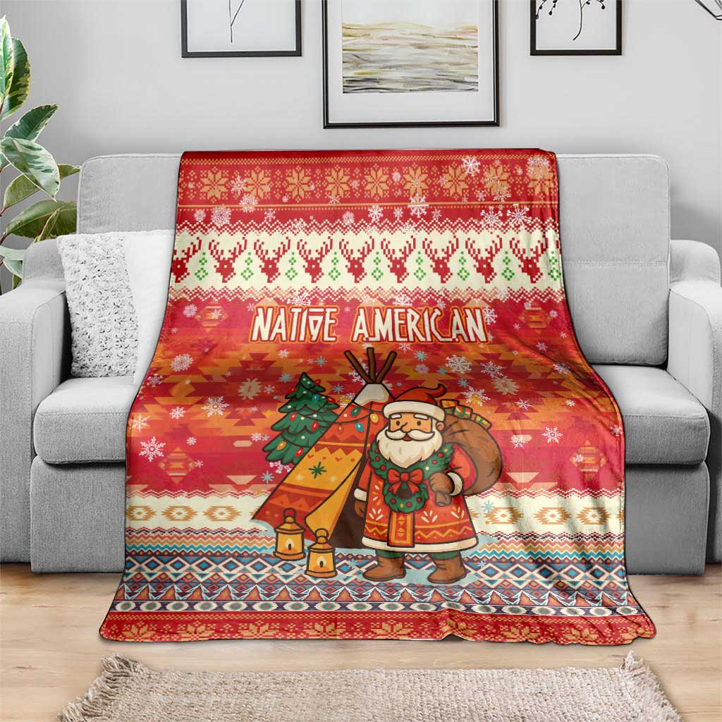 Native American Christmas Blanket with Red & Orange Geometric Pattern Santa Claus and Teepee Motif - Wonder Print Shop