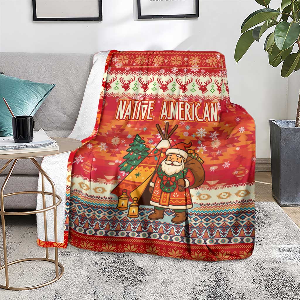 Native American Christmas Blanket with Red & Orange Geometric Pattern Santa Claus and Teepee Motif - Wonder Print Shop