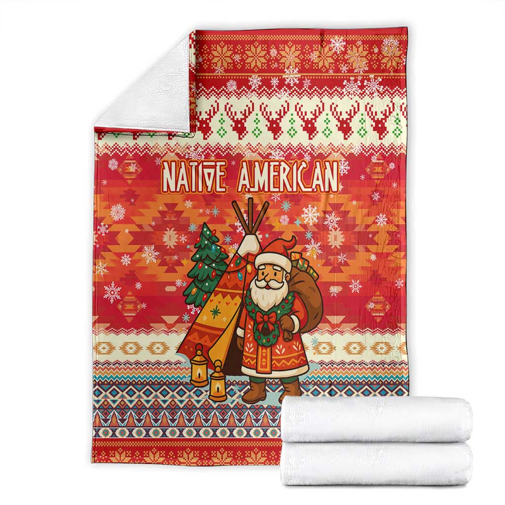 Native American Christmas Blanket with Red & Orange Geometric Pattern Santa Claus and Teepee Motif - Wonder Print Shop