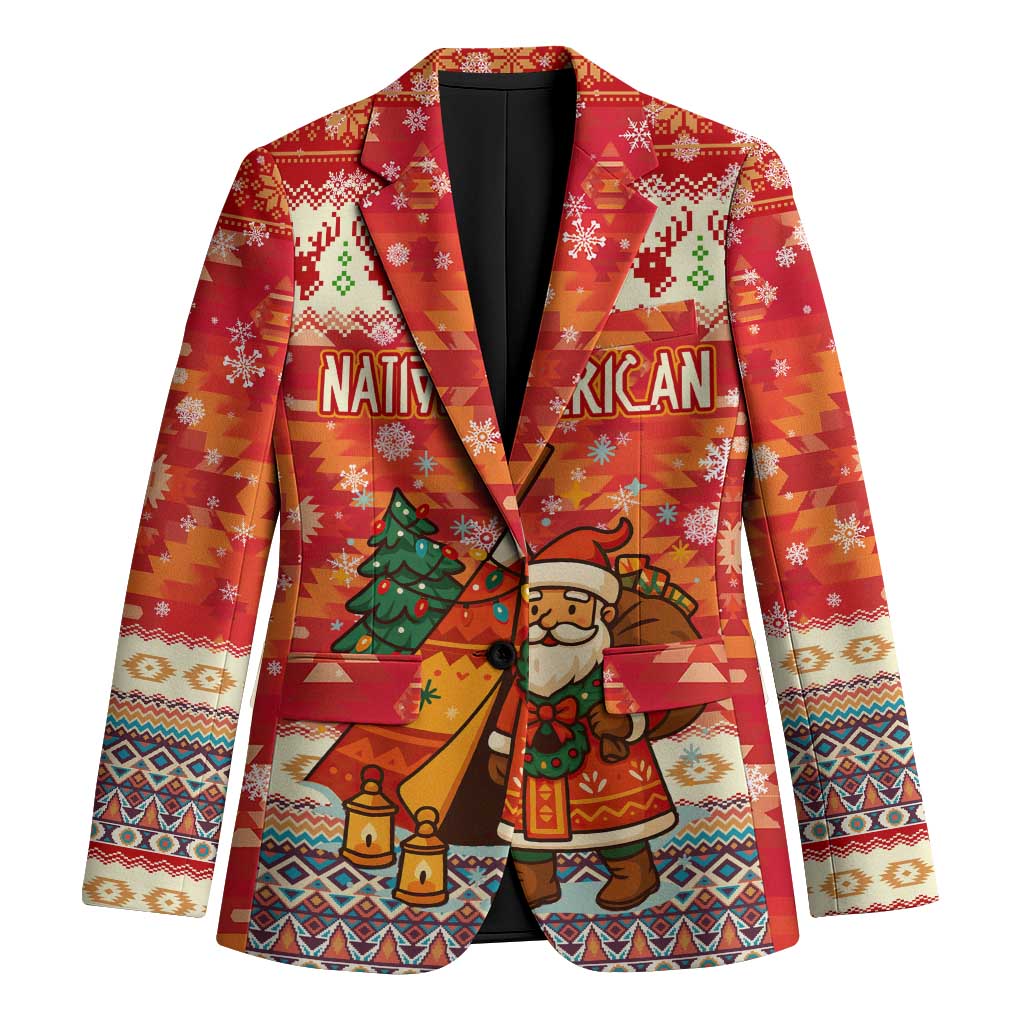 Native American Christmas Blazer with Red & Orange Geometric Pattern Santa Claus and Teepee Motif - Wonder Print Shop