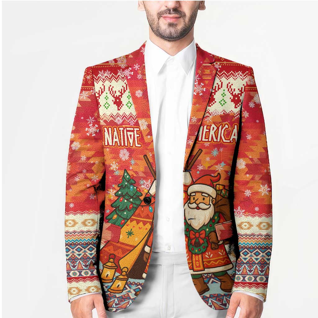 Native American Christmas Blazer with Red & Orange Geometric Pattern Santa Claus and Teepee Motif - Wonder Print Shop