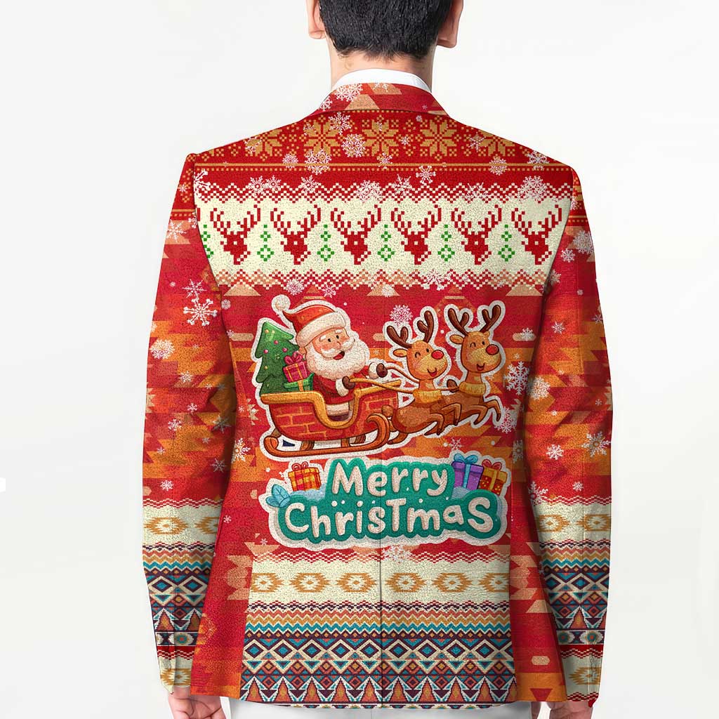 Native American Christmas Blazer with Red & Orange Geometric Pattern Santa Claus and Teepee Motif - Wonder Print Shop