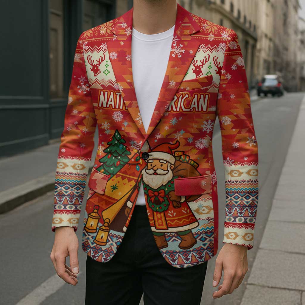 Native American Christmas Blazer with Red & Orange Geometric Pattern Santa Claus and Teepee Motif - Wonder Print Shop