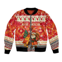 Native American Christmas Bomber Jacket with Red & Orange Geometric Pattern Santa Claus and Teepee Motif - Wonder Print Shop