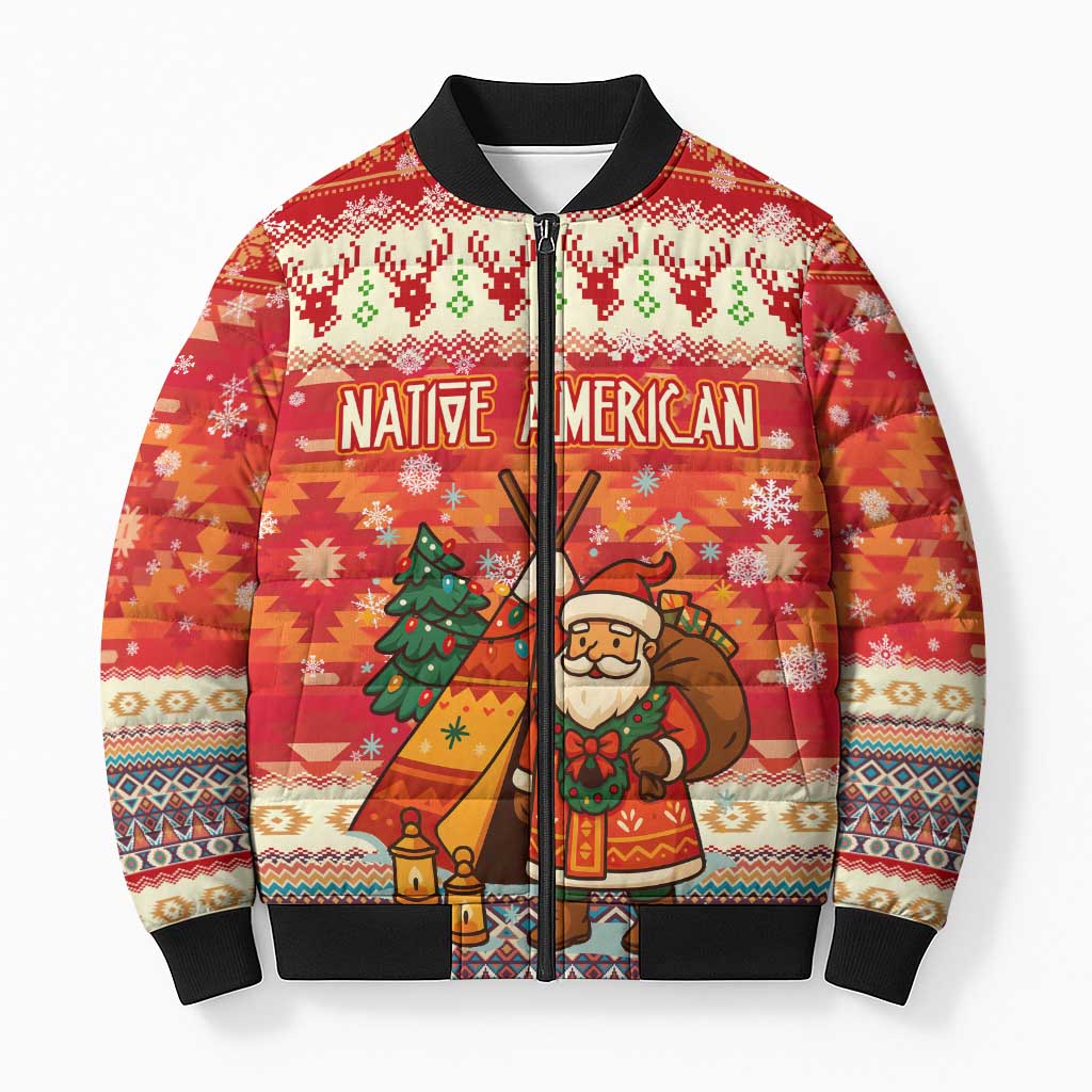 Native American Christmas Bomber Puffer Jacket with Red & Orange Geometric Pattern Santa Claus and Teepee Motif - Wonder Print Shop