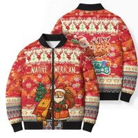 Native American Christmas Bomber Puffer Jacket with Red & Orange Geometric Pattern Santa Claus and Teepee Motif - Wonder Print Shop