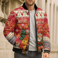 Native American Christmas Bomber Puffer Jacket with Red & Orange Geometric Pattern Santa Claus and Teepee Motif - Wonder Print Shop