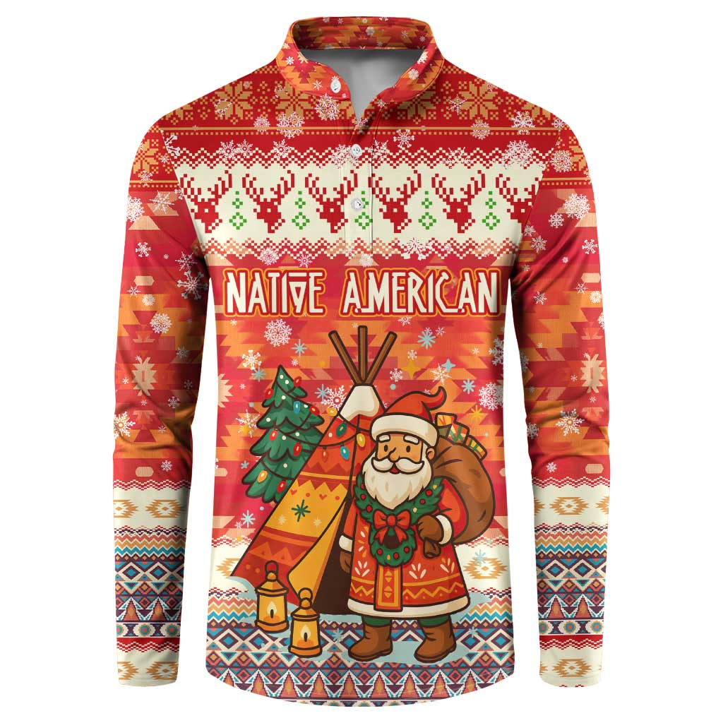 Native American Christmas Button Sweatshirt with Red & Orange Geometric Pattern Santa Claus and Teepee Motif - Wonder Print Shop