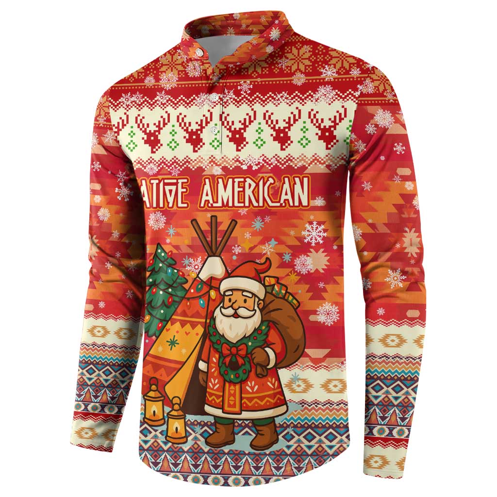 Native American Christmas Button Sweatshirt with Red & Orange Geometric Pattern Santa Claus and Teepee Motif - Wonder Print Shop