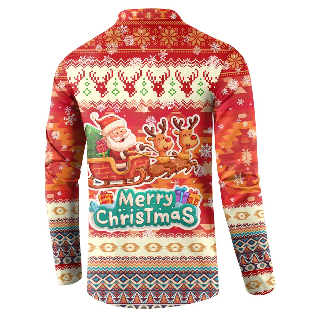 Native American Christmas Button Sweatshirt with Red & Orange Geometric Pattern Santa Claus and Teepee Motif - Wonder Print Shop