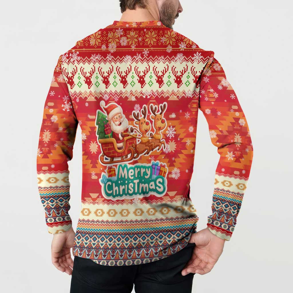 Native American Christmas Button Sweatshirt with Red & Orange Geometric Pattern Santa Claus and Teepee Motif - Wonder Print Shop