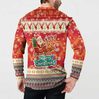 Native American Christmas Button Sweatshirt with Red & Orange Geometric Pattern Santa Claus and Teepee Motif - Wonder Print Shop