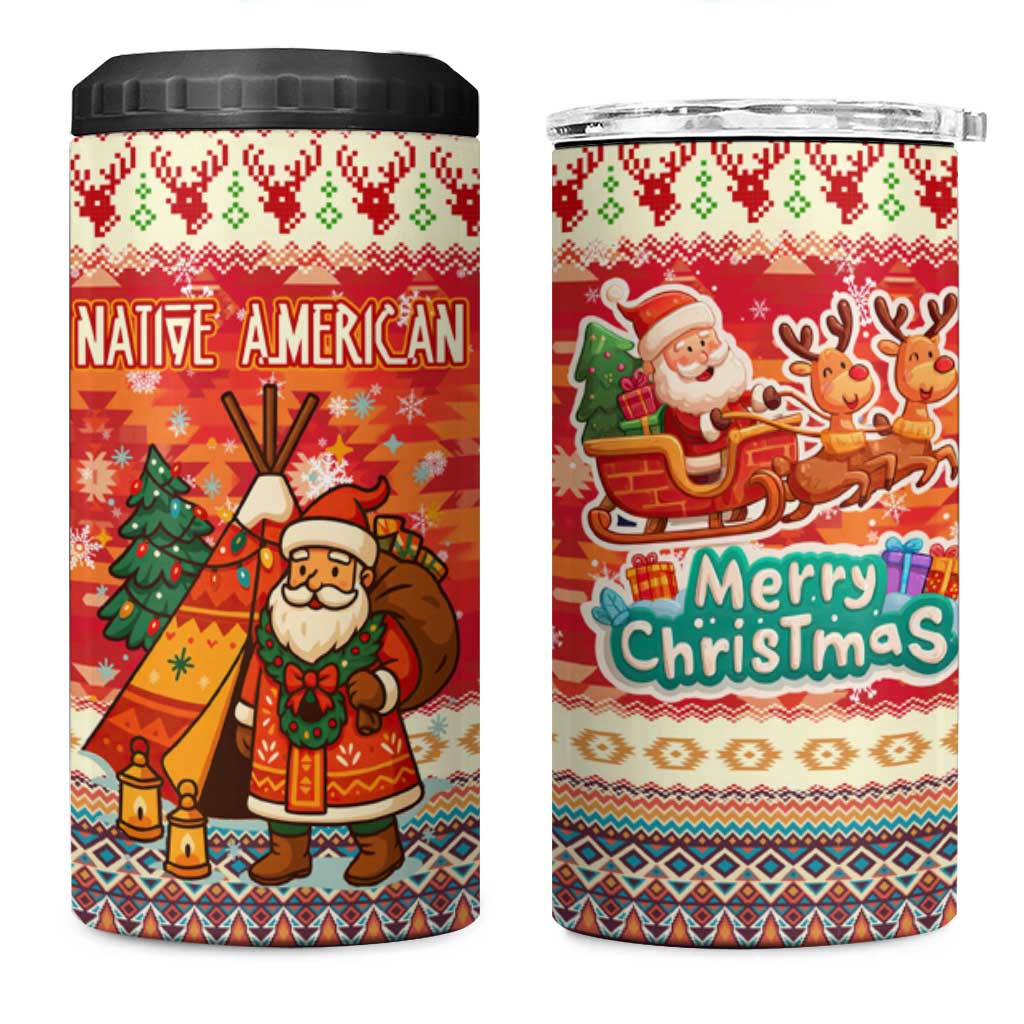 Native American Christmas 4 in 1 Can Cooler Tumbler with Red & Orange Geometric Pattern Santa Claus and Teepee Motif - Wonder Print Shop