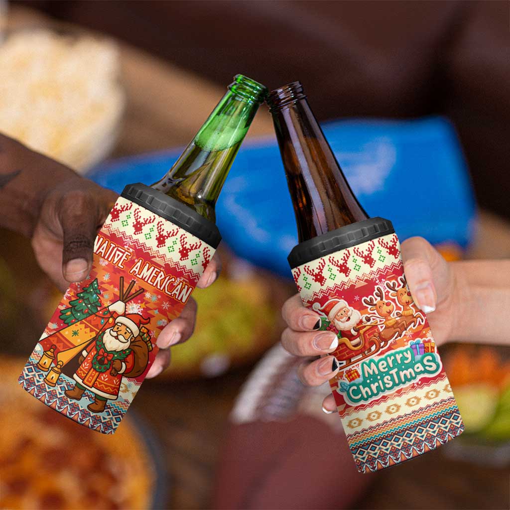 Native American Christmas 4 in 1 Can Cooler Tumbler with Red & Orange Geometric Pattern Santa Claus and Teepee Motif - Wonder Print Shop