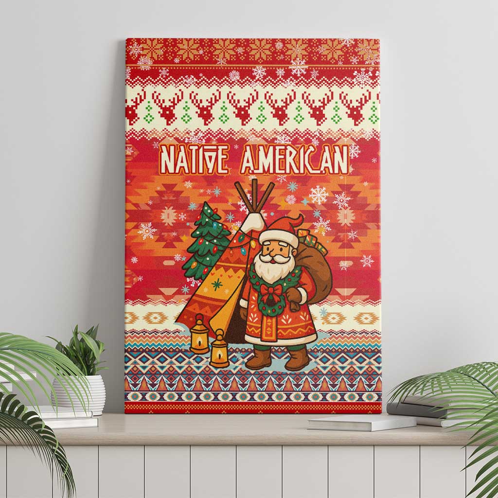Native American Christmas Canvas Wall Art with Red & Orange Geometric Pattern Santa Claus and Teepee Motif - Wonder Print Shop
