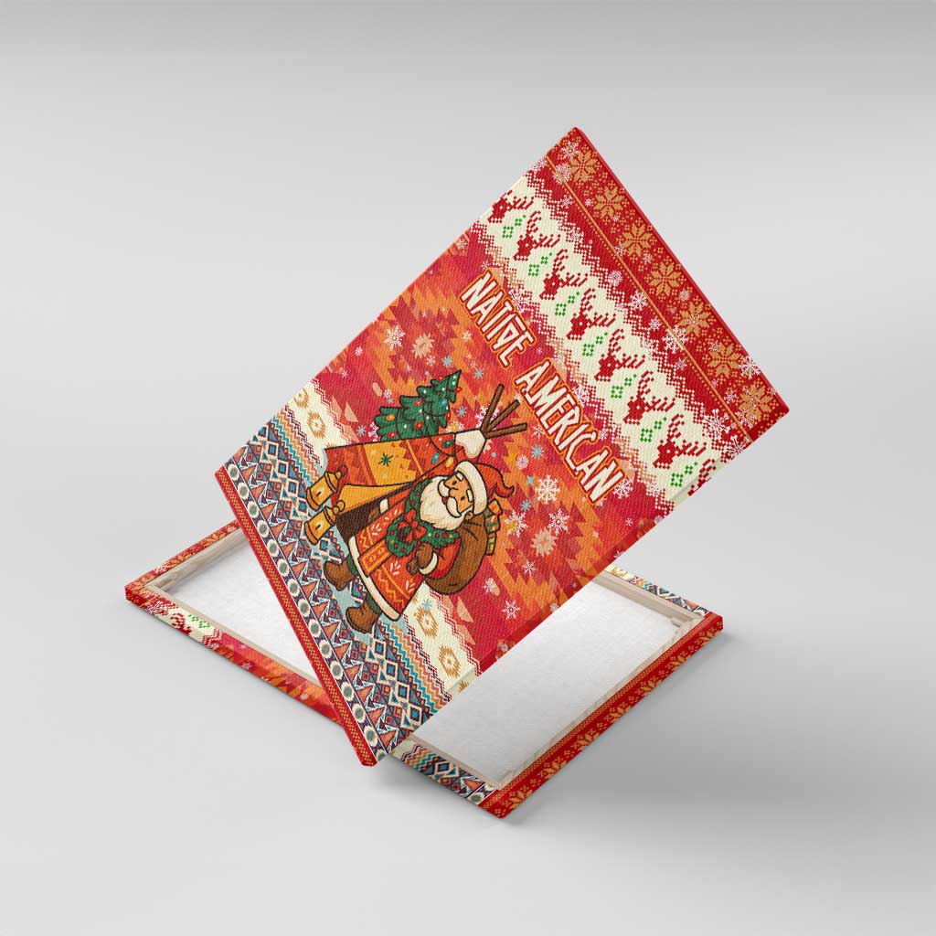 Native American Christmas Canvas Wall Art with Red & Orange Geometric Pattern Santa Claus and Teepee Motif - Wonder Print Shop