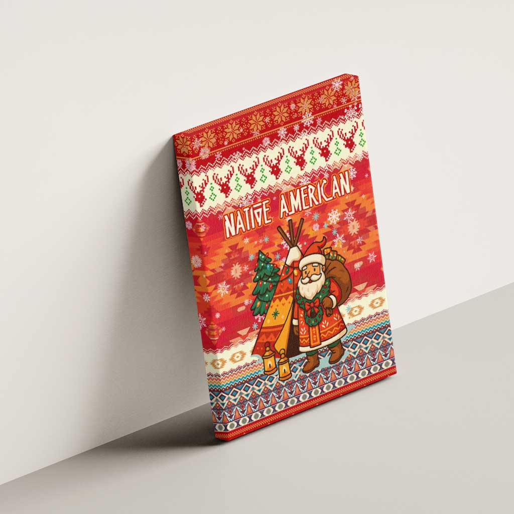 Native American Christmas Canvas Wall Art with Red & Orange Geometric Pattern Santa Claus and Teepee Motif - Wonder Print Shop
