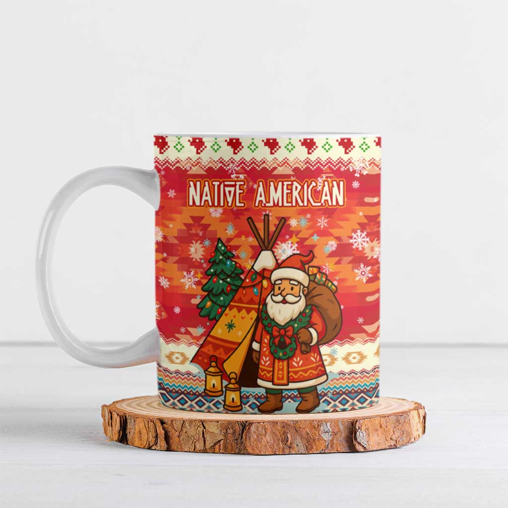 Native American Christmas Ceramic Mug with Red & Orange Geometric Pattern Santa Claus and Teepee Motif - Wonder Print Shop