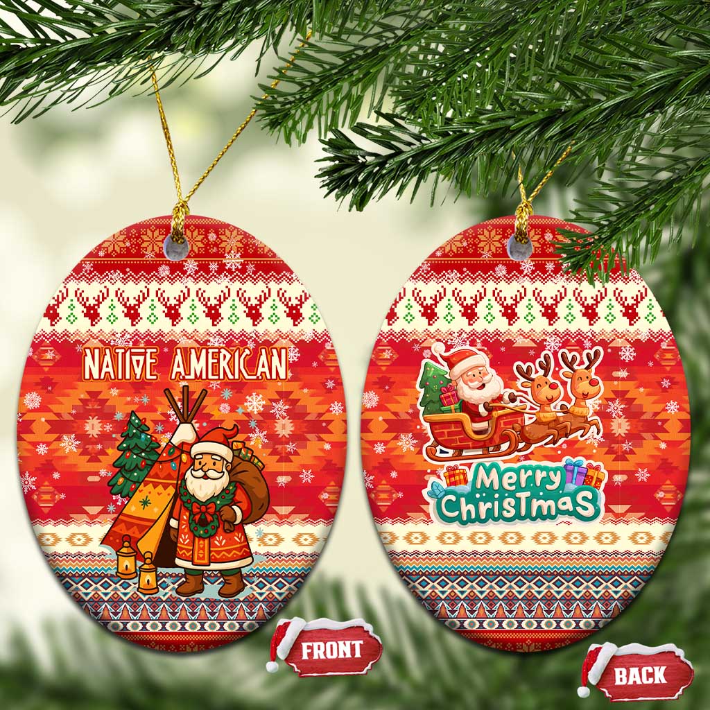 Native American Christmas Ceramic Ornament with Red & Orange Geometric Pattern Santa Claus and Teepee Motif - Wonder Print Shop