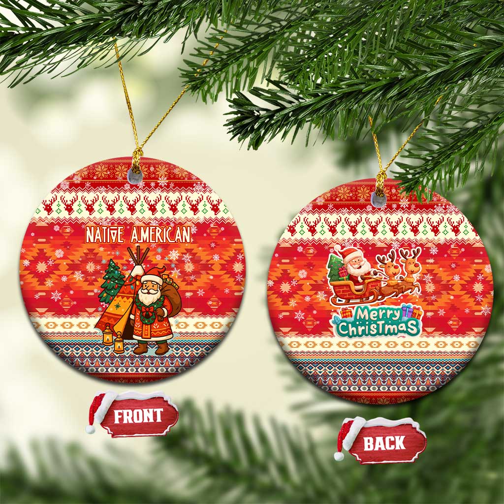 Native American Christmas Ceramic Ornament with Red & Orange Geometric Pattern Santa Claus and Teepee Motif - Wonder Print Shop
