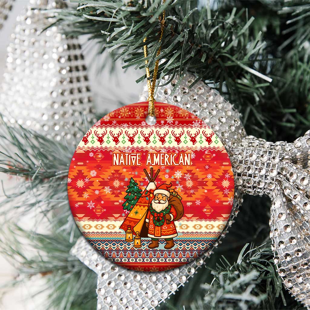 Native American Christmas Ceramic Ornament with Red & Orange Geometric Pattern Santa Claus and Teepee Motif - Wonder Print Shop