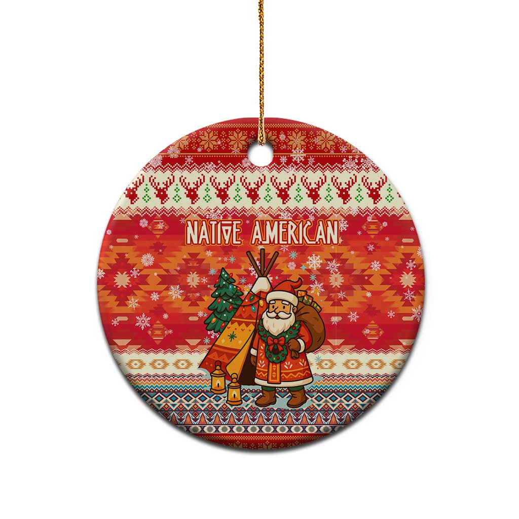 Native American Christmas Ceramic Ornament with Red & Orange Geometric Pattern Santa Claus and Teepee Motif - Wonder Print Shop