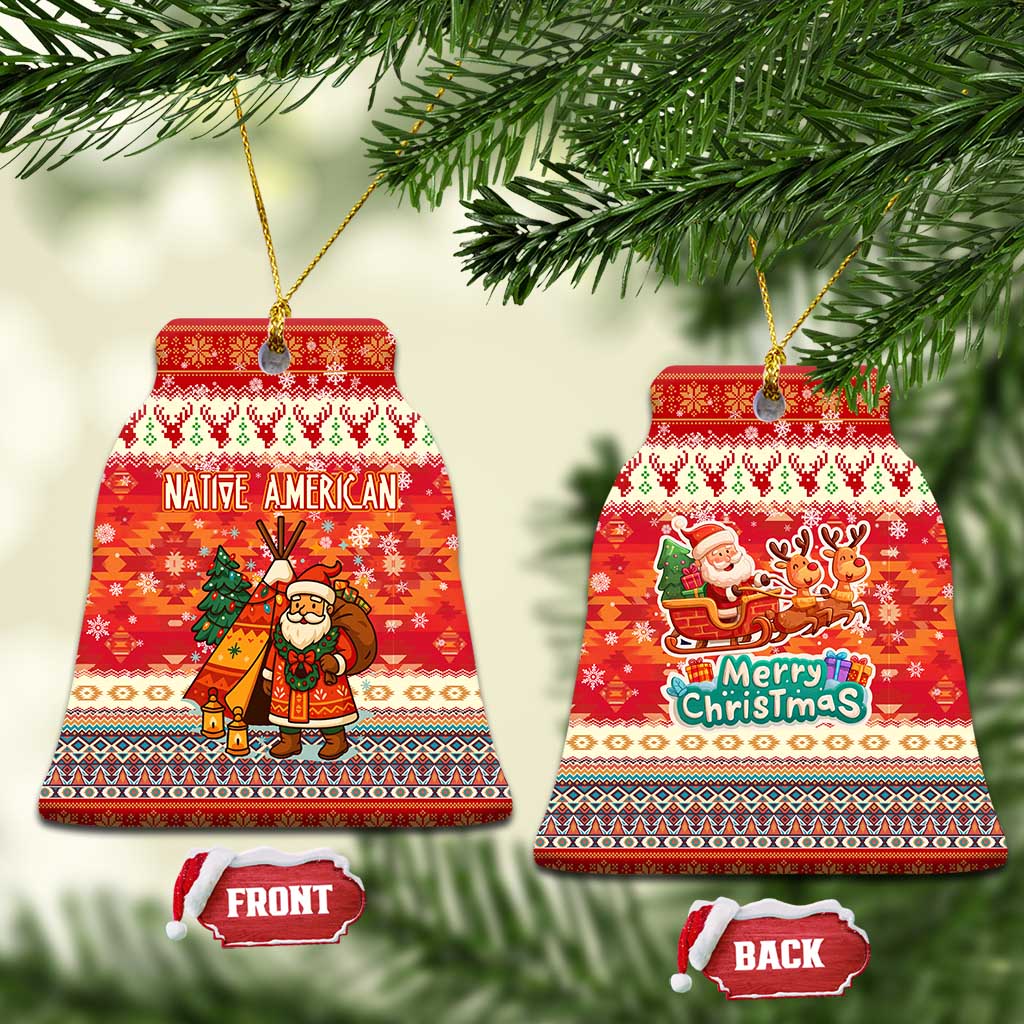 Native American Christmas Ceramic Ornament with Red & Orange Geometric Pattern Santa Claus and Teepee Motif - Wonder Print Shop