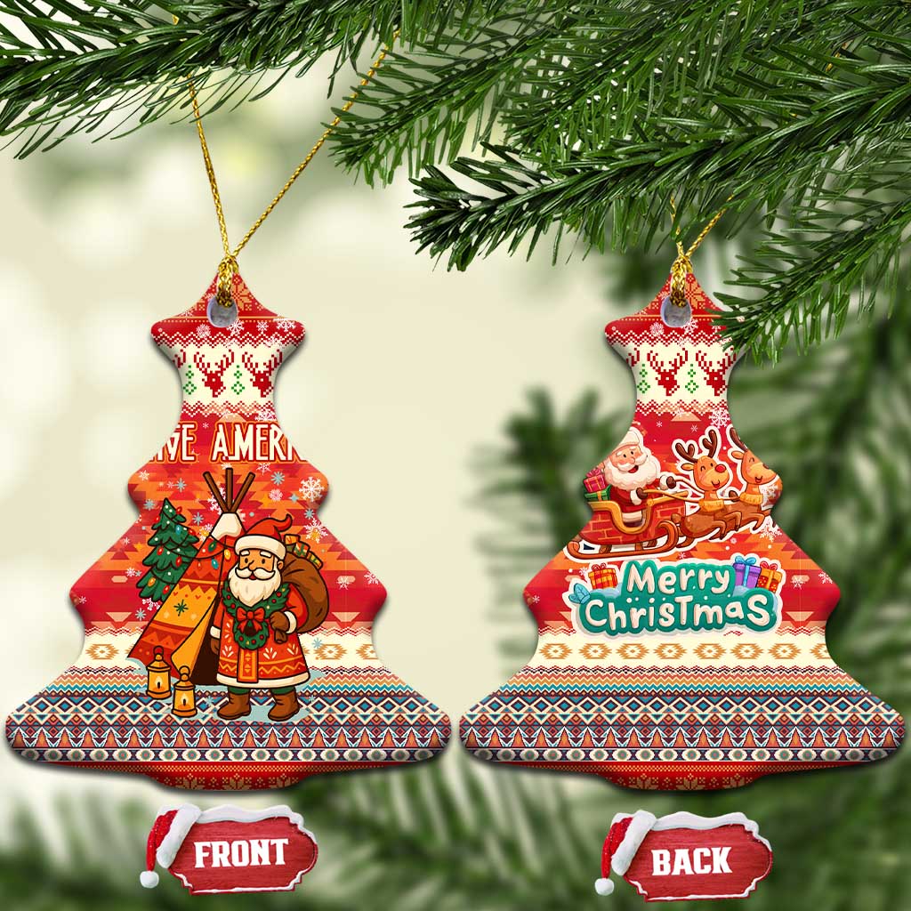 Native American Christmas Ceramic Ornament with Red & Orange Geometric Pattern Santa Claus and Teepee Motif - Wonder Print Shop