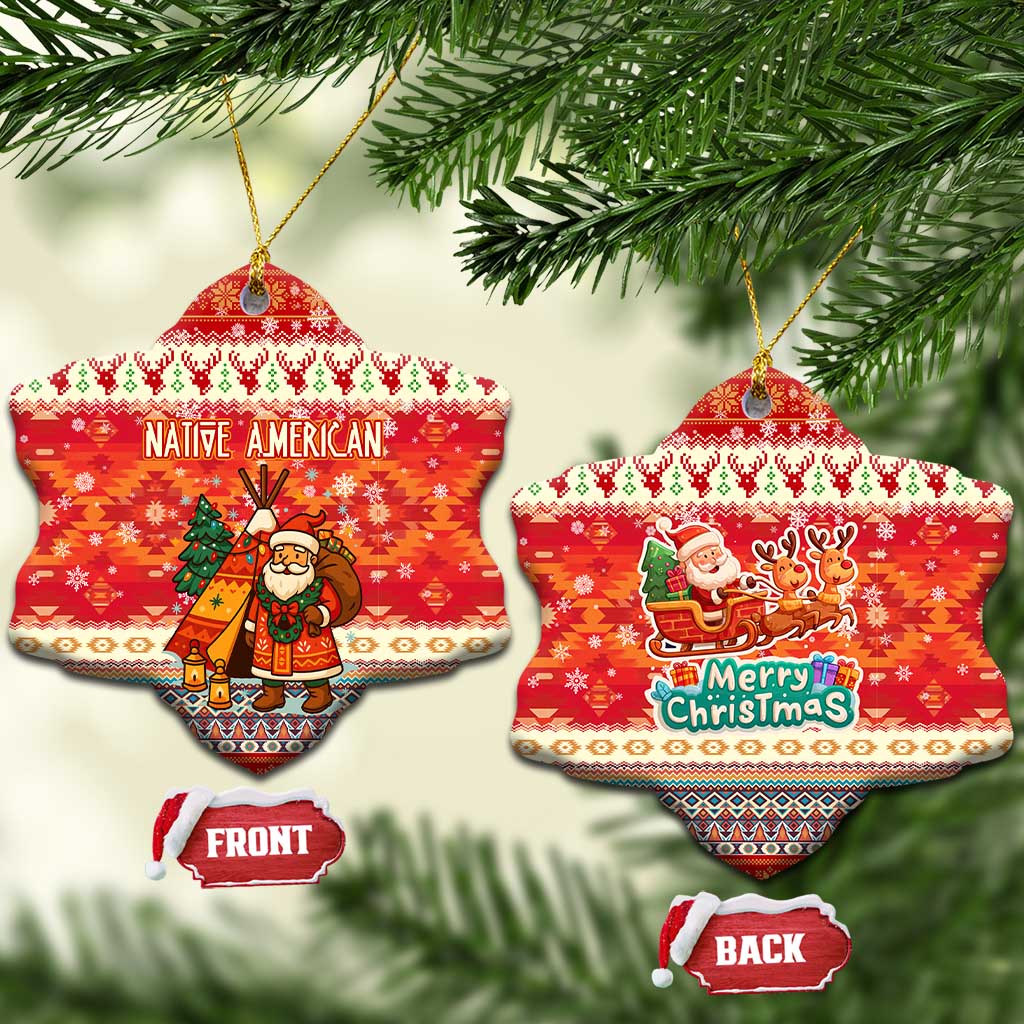 Native American Christmas Ceramic Ornament with Red & Orange Geometric Pattern Santa Claus and Teepee Motif - Wonder Print Shop