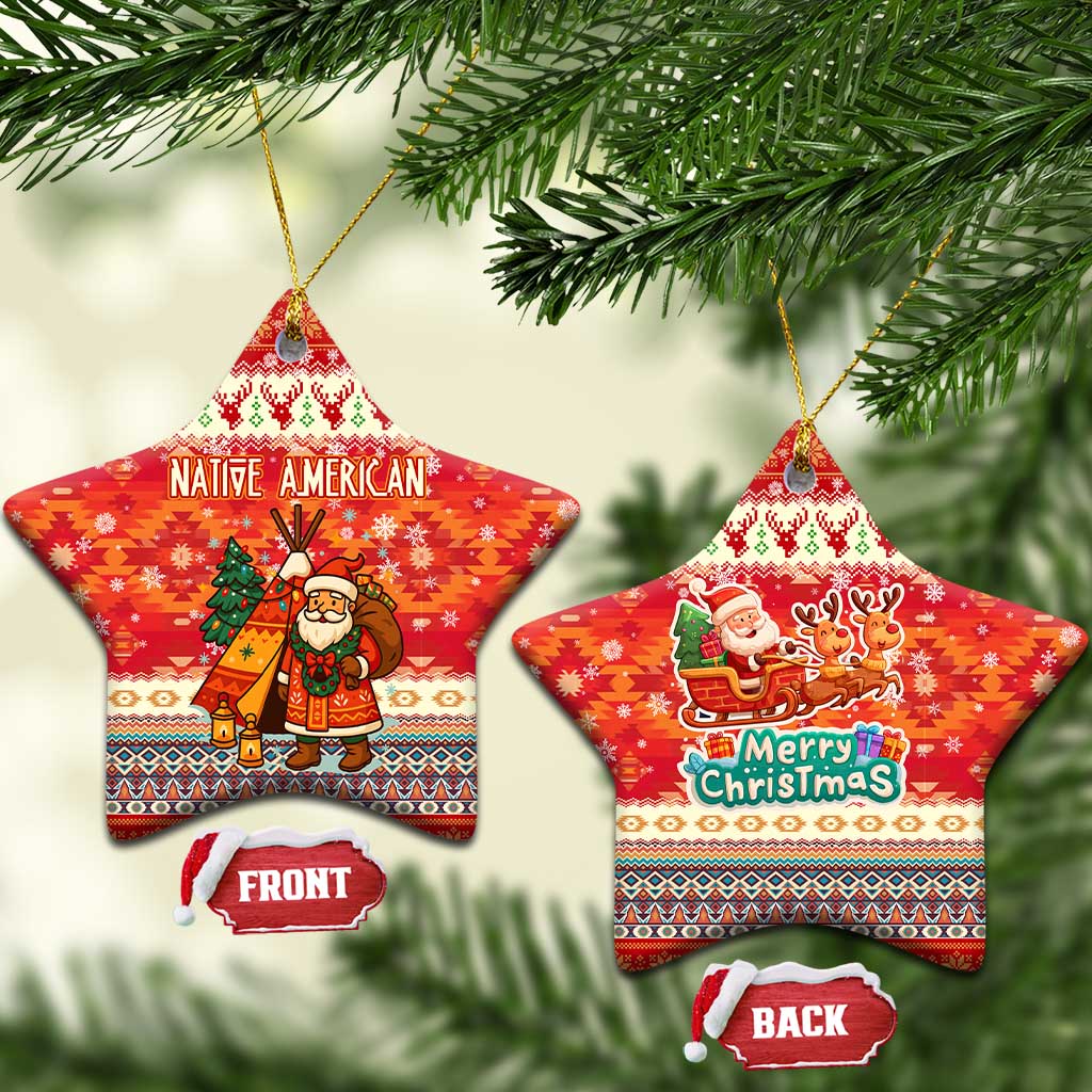 Native American Christmas Ceramic Ornament with Red & Orange Geometric Pattern Santa Claus and Teepee Motif - Wonder Print Shop