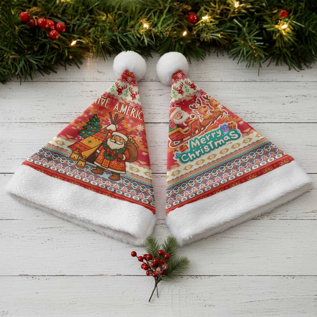 Native American Christmas Santa Hat with Red & Orange Geometric Pattern Santa Claus and Teepee Motif - Wonder Print Shop